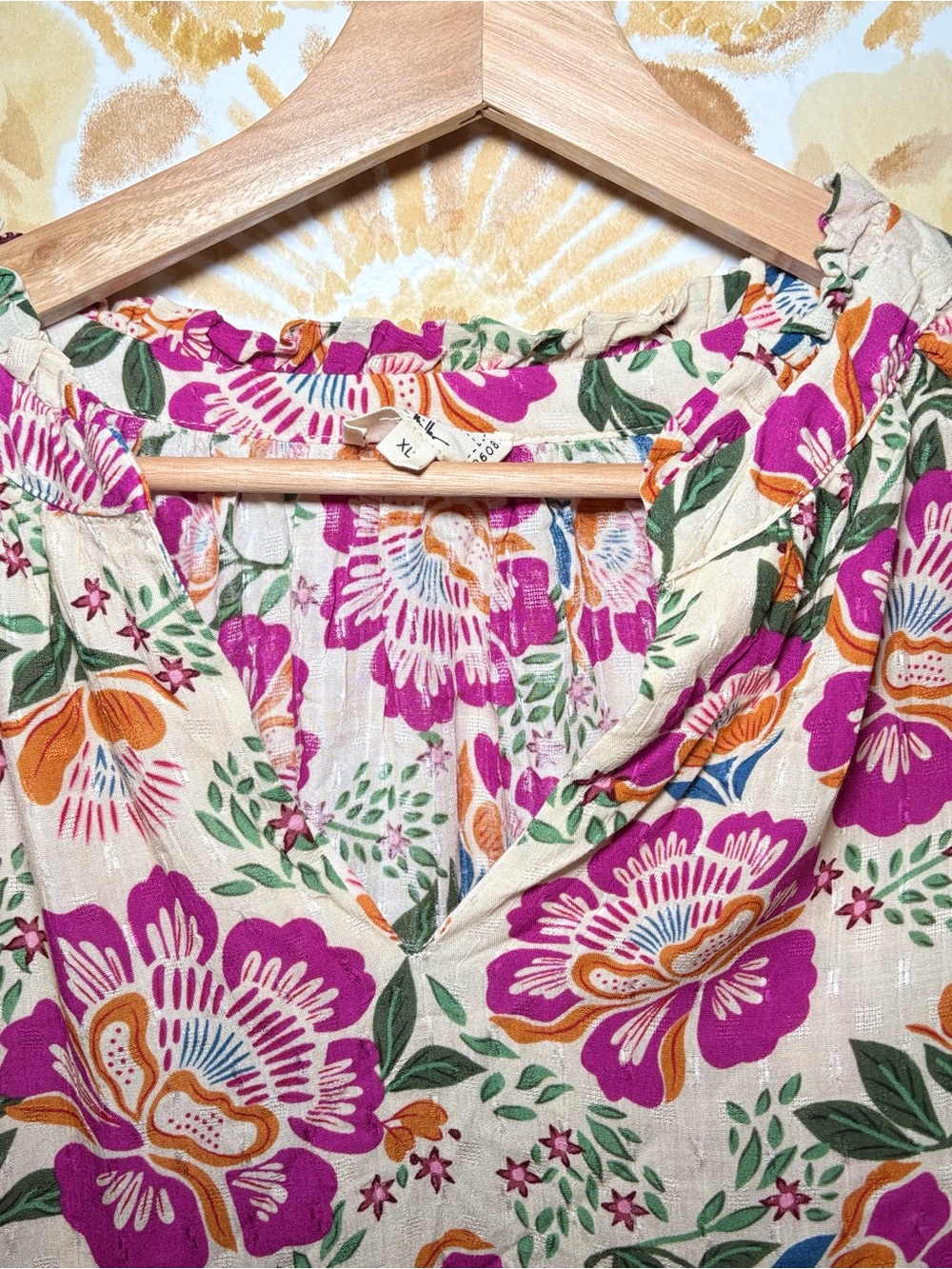 Nicole Miller Floral Blouse Pink Orange Flutter Sleeve Top | Resort Boho Chic - Picture 7 of 11